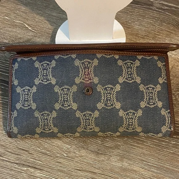 Celine Vintage Macadam Blue Denim Brown Leather Trim Wallet 7.25x4 EUC - Picture 8 of 15